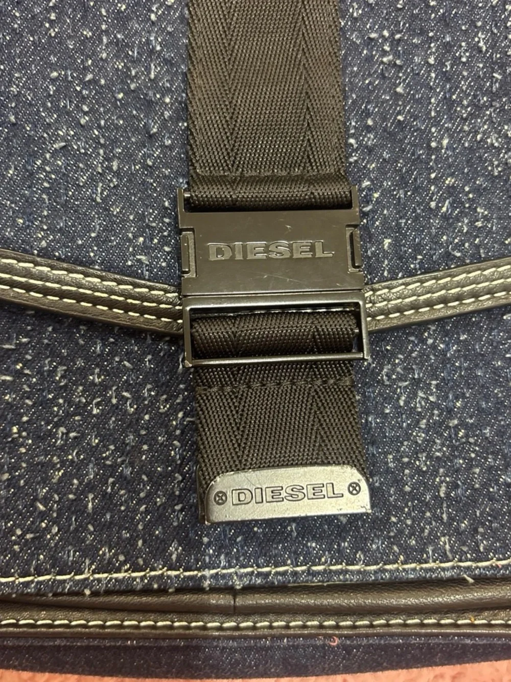 Diesel Men’s Denim Messenger Bag with Orange Logo Strap